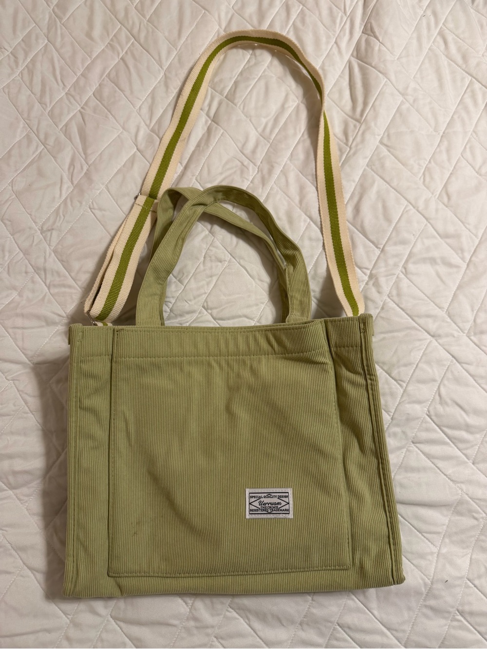 Green corduroy tote with Striped Shoulder Strap